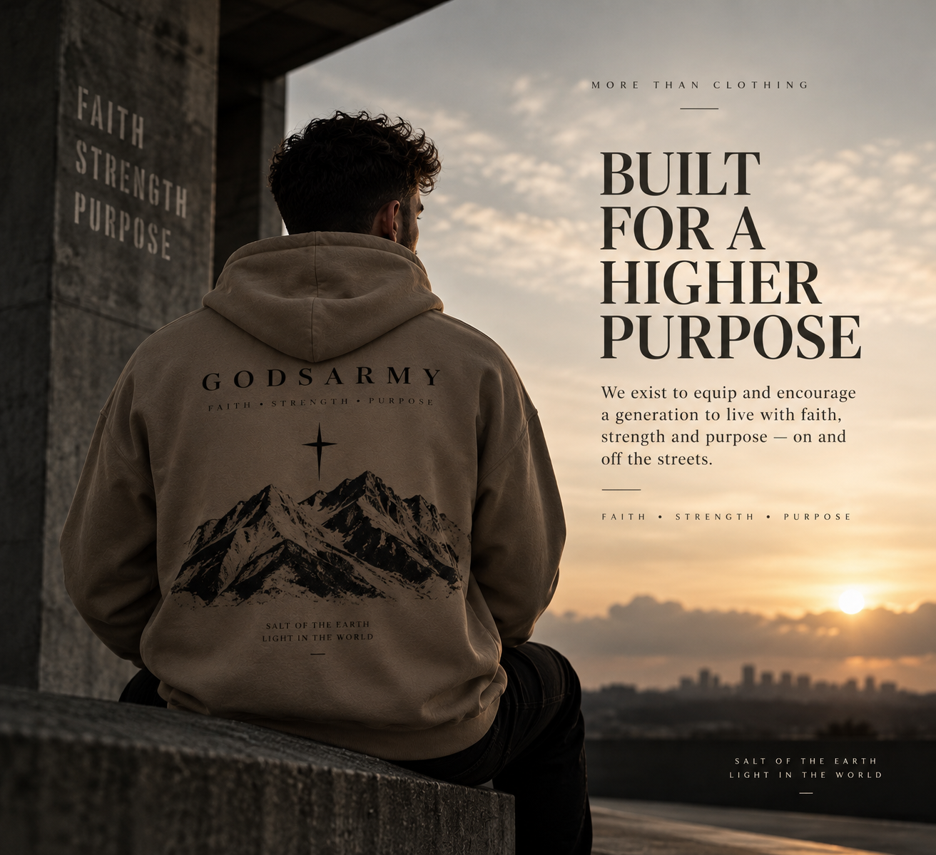 Figure in the sand GODSARMY hoodie overlooking the city at sunset, with the Built for a Higher Purpose artwork